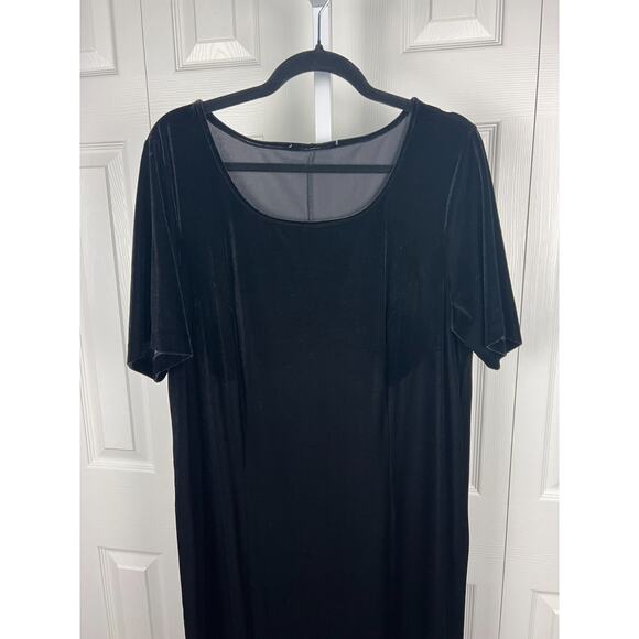 90s Black Maxi Velour Velvet Short Sleeve Back Slit Shift Dress XL - Picture 4 of 7